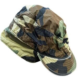 Vintage U.S. Military Issue Army Hat Fleece Ear Flaps Green Woodland Camo 7 3/4